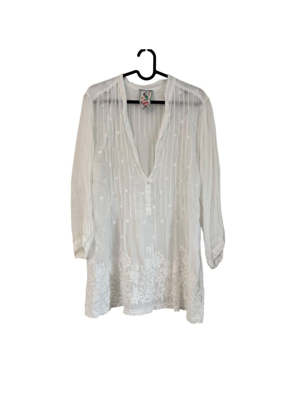 Johnny Was White Pintucked Floral Embroidered Long Sleeve Tunic Blouse Medium
